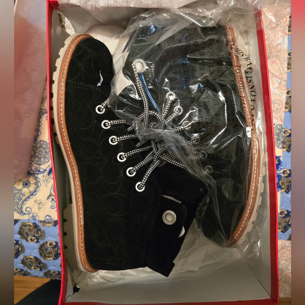 Coach Black Ankle Boots with White Accents
